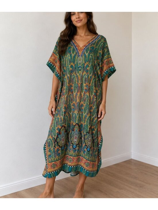 Jessica Taylor Dresses & Skirts - Jessica Taylor Boho Kaftan Dress Paisley VNeck Short Sleeves One Size